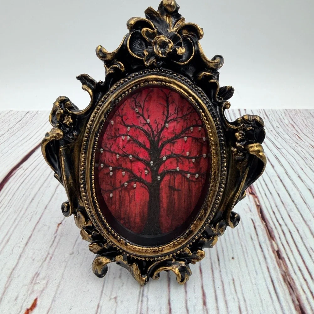 Gothic Skull Tree Art Print Ornate Black Gold Baroque Resin Frame 5 inch Decor